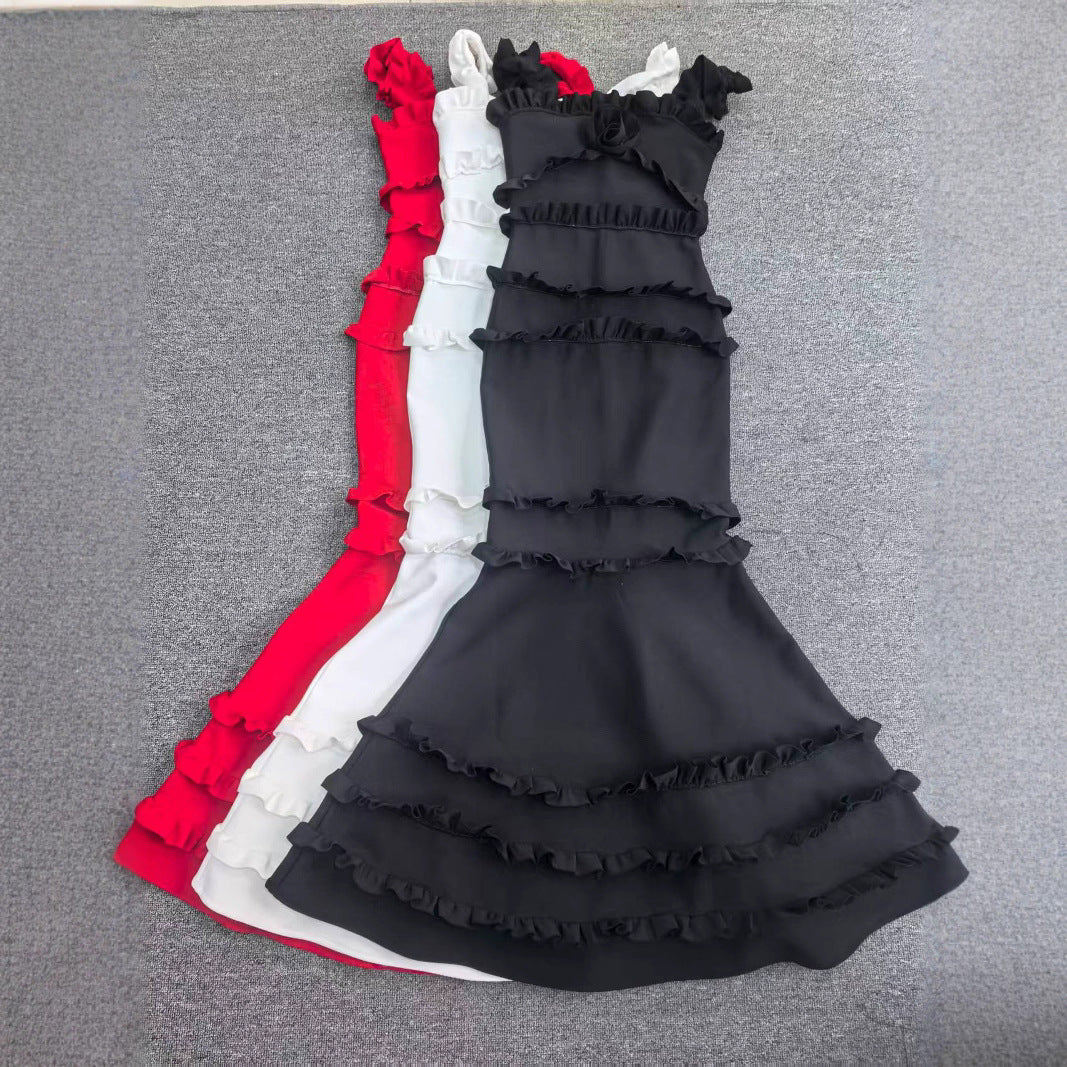 Women ruffled backless square neck bandage fishtail evening dress 7