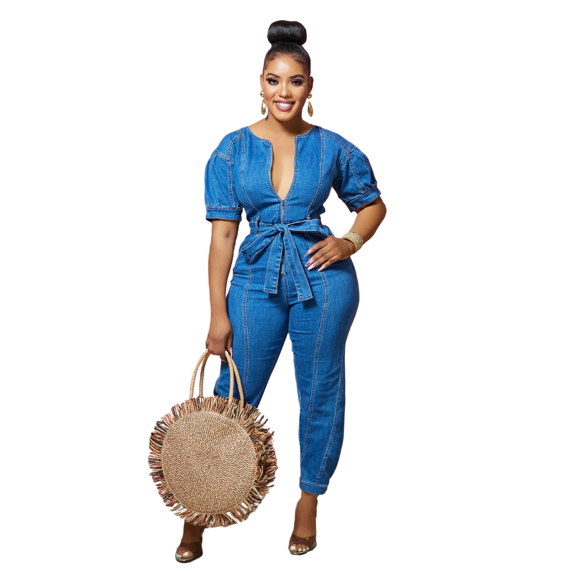 Women's Fashion Loose Denim Short Sleeve Jumpsuit 4