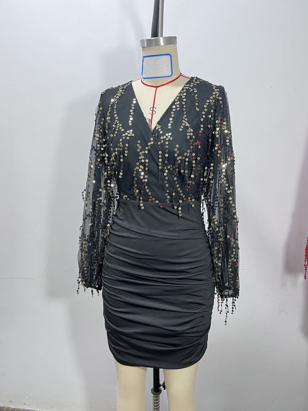 Women's Long Sleeve Sequin Tassel Fashionable Dress 16