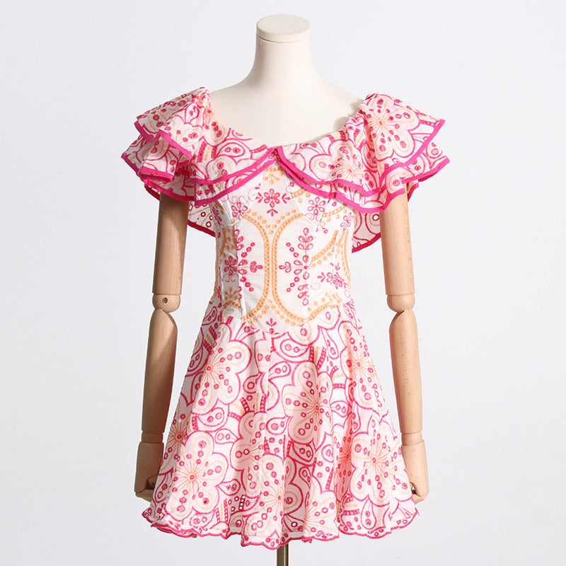 Summer Off Shoulder ruffle embroidered lace Slim Waist Slim Fit Holidays style dress 13