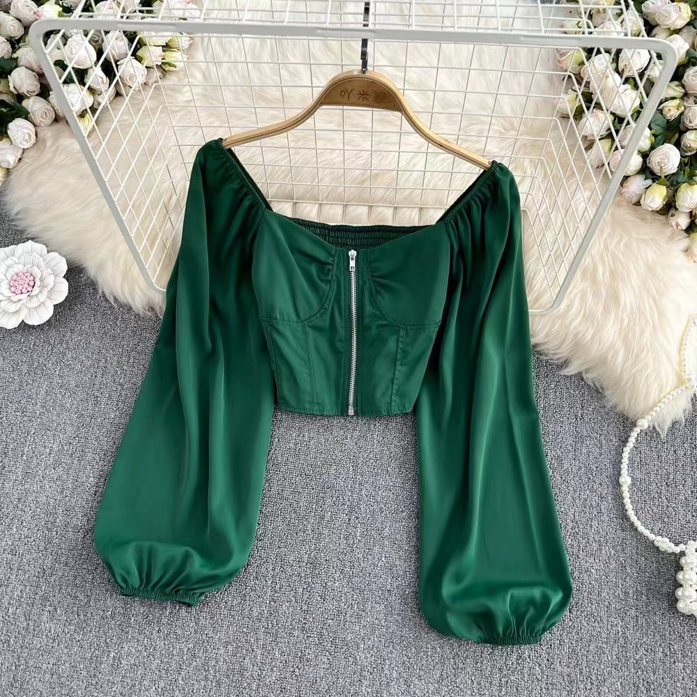 Women Zipper Puff Long Sleeve Shirt 14