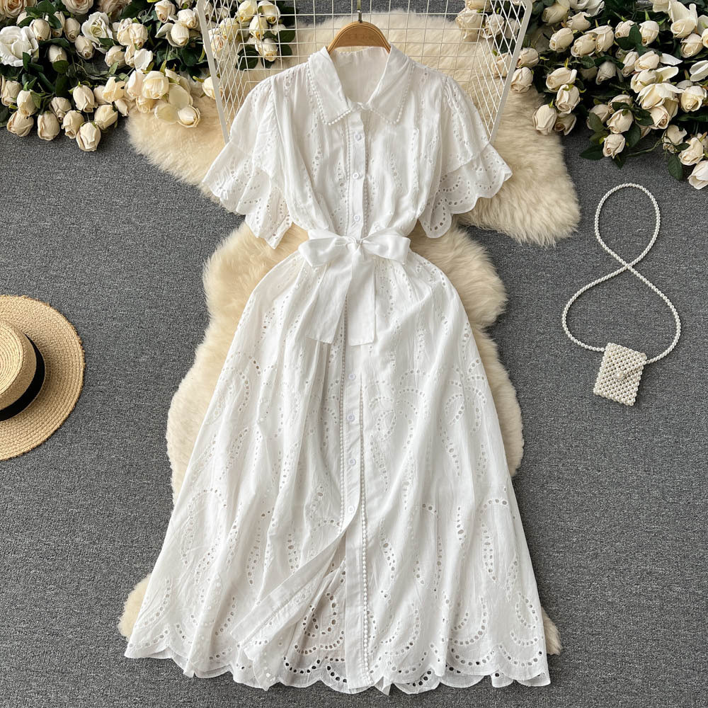 Women Turndown Collar Puff Sleeve Lace Hollow French Maxi Shirt Dress 6