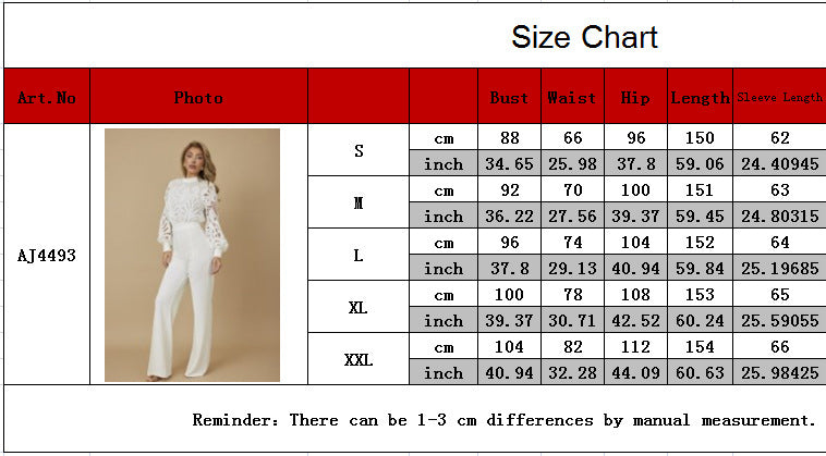 Women's Style Lace Trim Patchwork Long Sleeve Casual Wide-Leg Jumpsuit 9