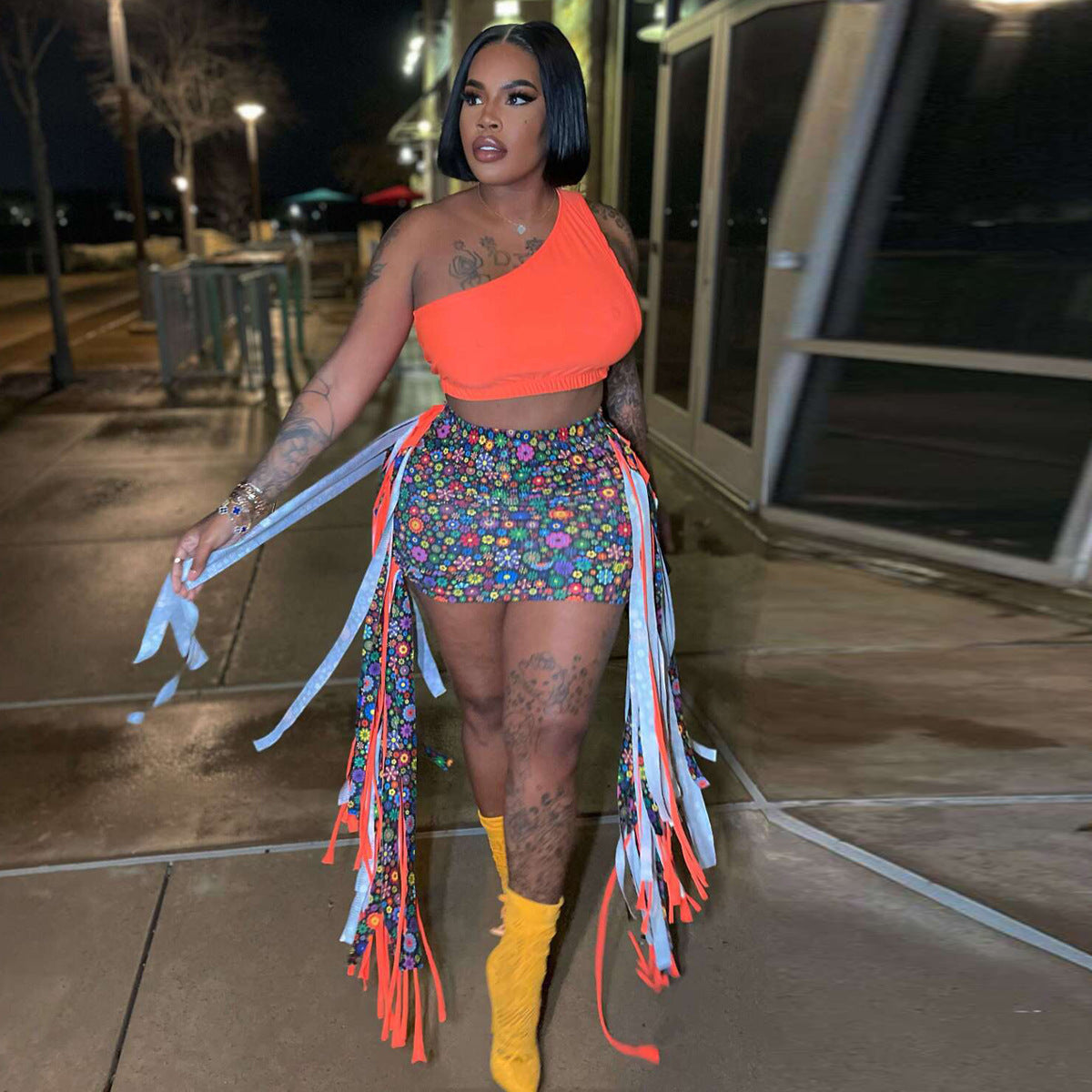 Sexy Fringed Slim Skirt Slanted One-Shoulder Tank Top Two-Piece Set