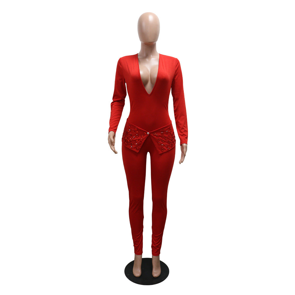 Sexy solid color long sleeves V-neck beaded jumpsuit 7