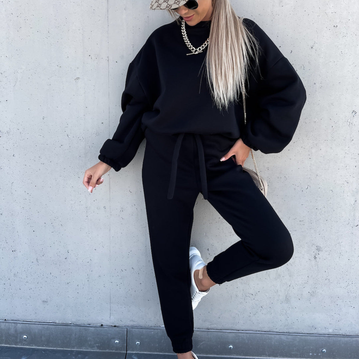 Women Casual Solid Hoodies and Pants Two-piece Set 8