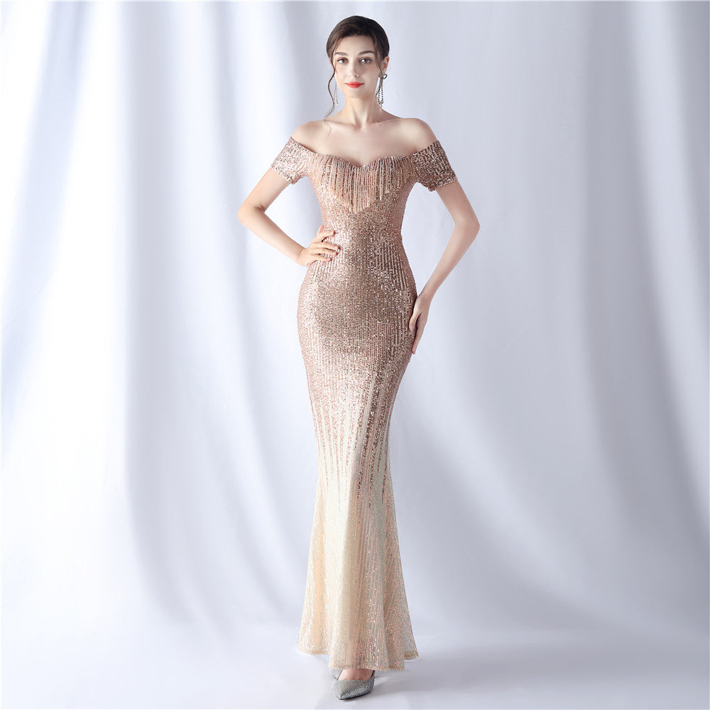 Women gradient beaded high-end evening dress