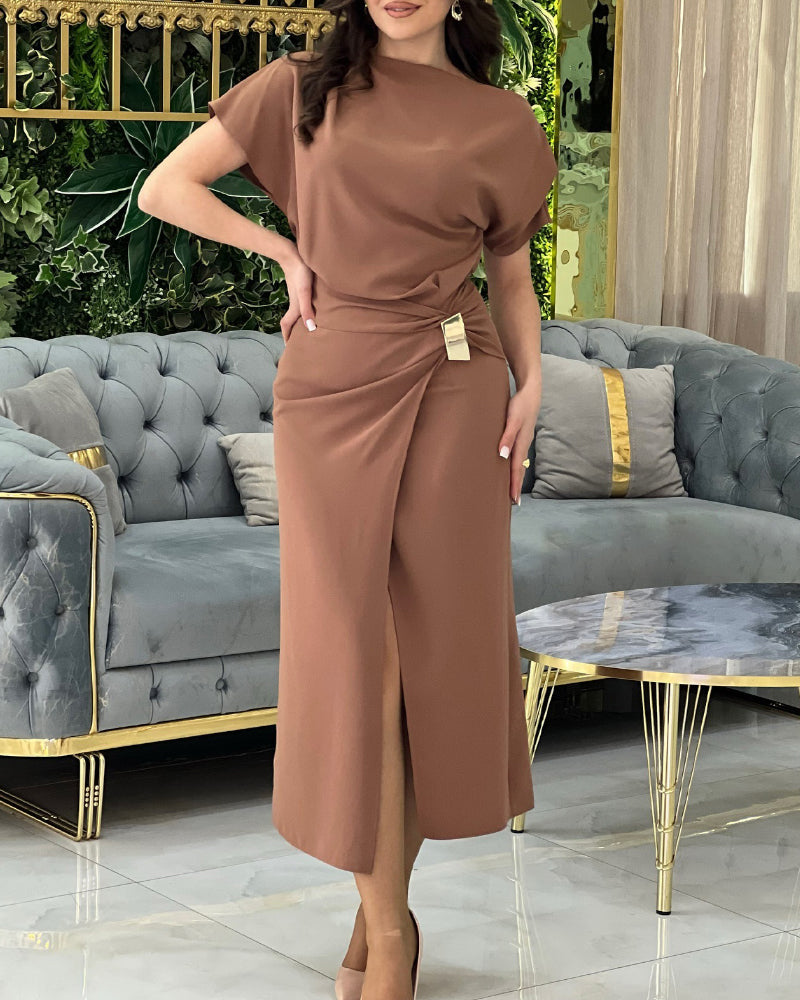 Solid Color Slash Shoulder Lace-Up Patchwork Slit Dress