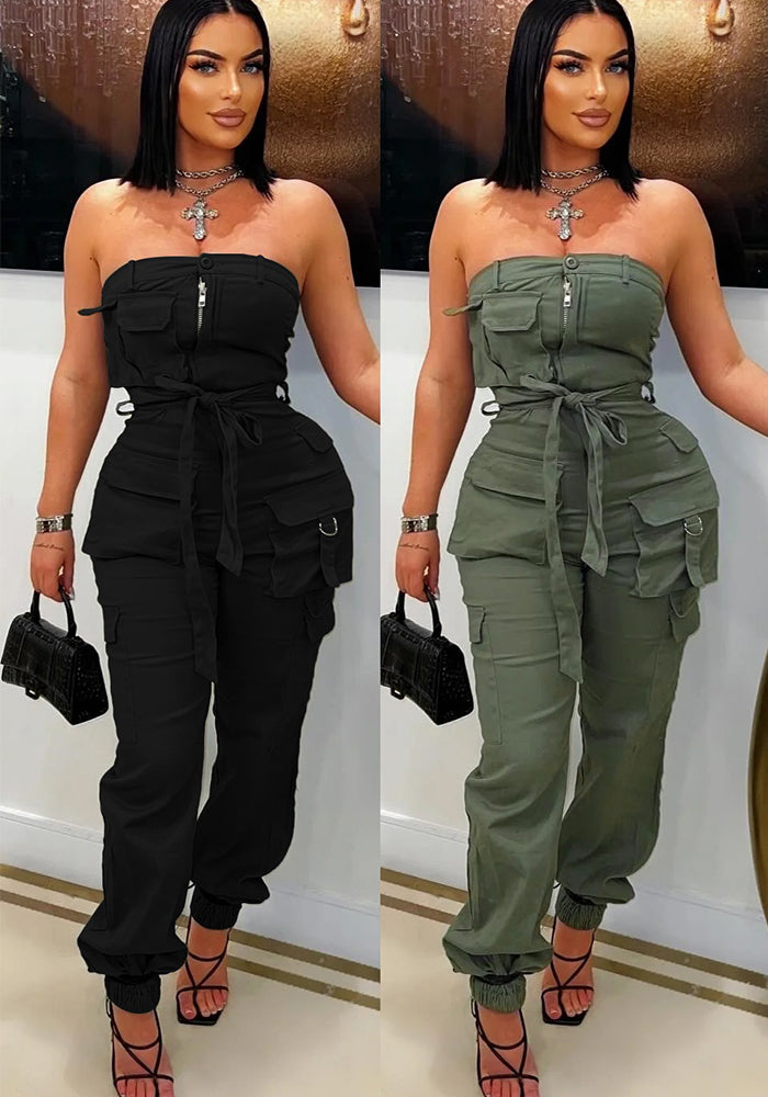 Casual Career Solid Color Multi-Pocket Strapless Cargo Jumpsuit