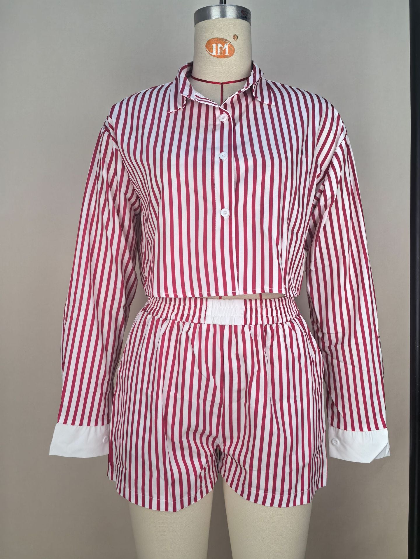 Women's Chic Career Style Striped Turndown Collar Shirt & Shorts Two-Piece Set 6