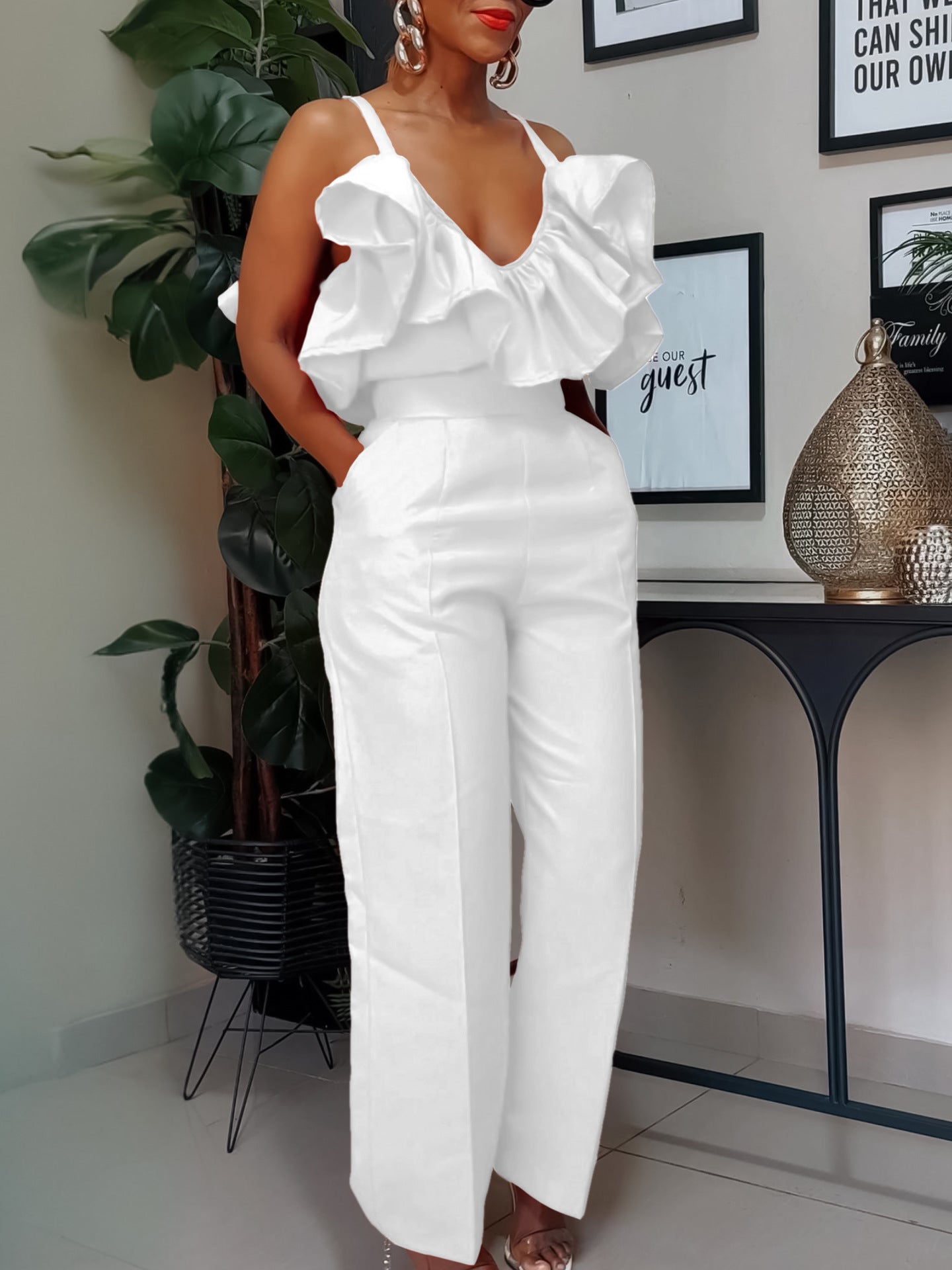 African Women summer v-neck ruffle suspender top trousers two-piece set 9