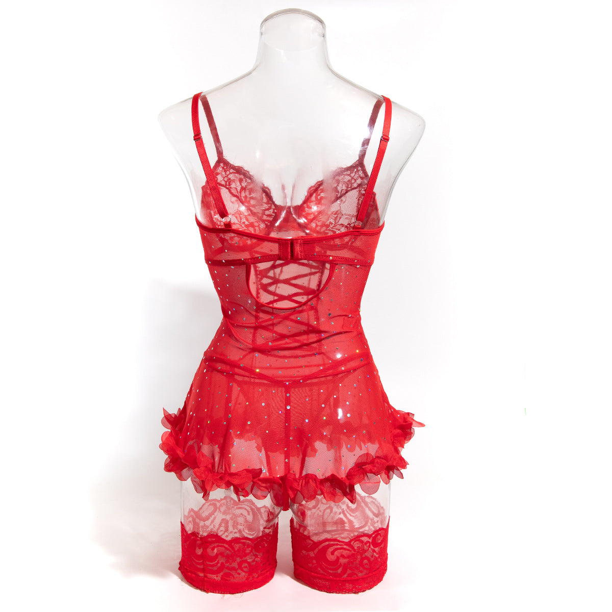 Women Red Beaded Sequin Patchwork Floral Lace-Up See-Through Lingerie Set 9