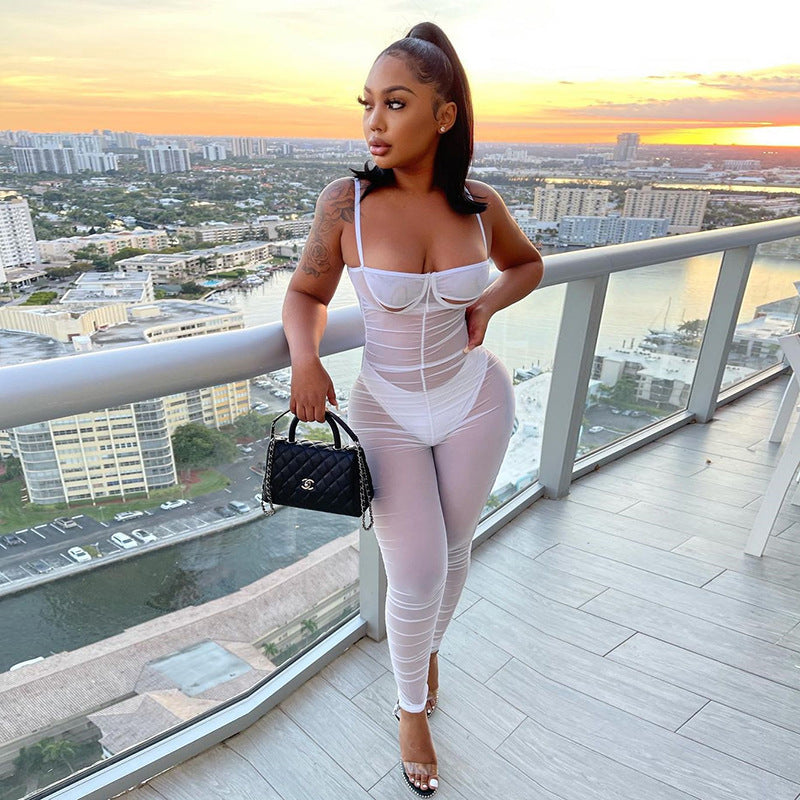 Summer Ladies Sexy Mesh See-Through Straps Pleated Fashion Chic Slim Jumpsuit 3