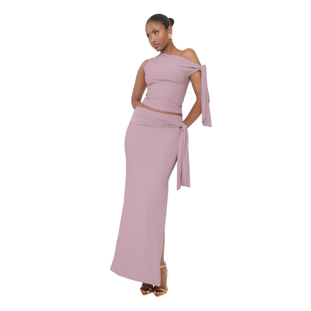 Women Summer Slash Shoulder Sleeveless Top And Skirt 2-piece set