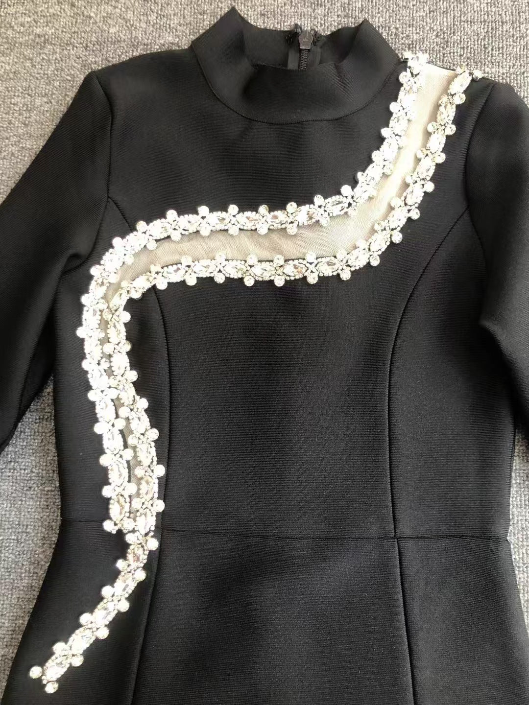 Women Black Elegant Mesh Diamond Split Dinner Long Sleeve Bandage Dress 9