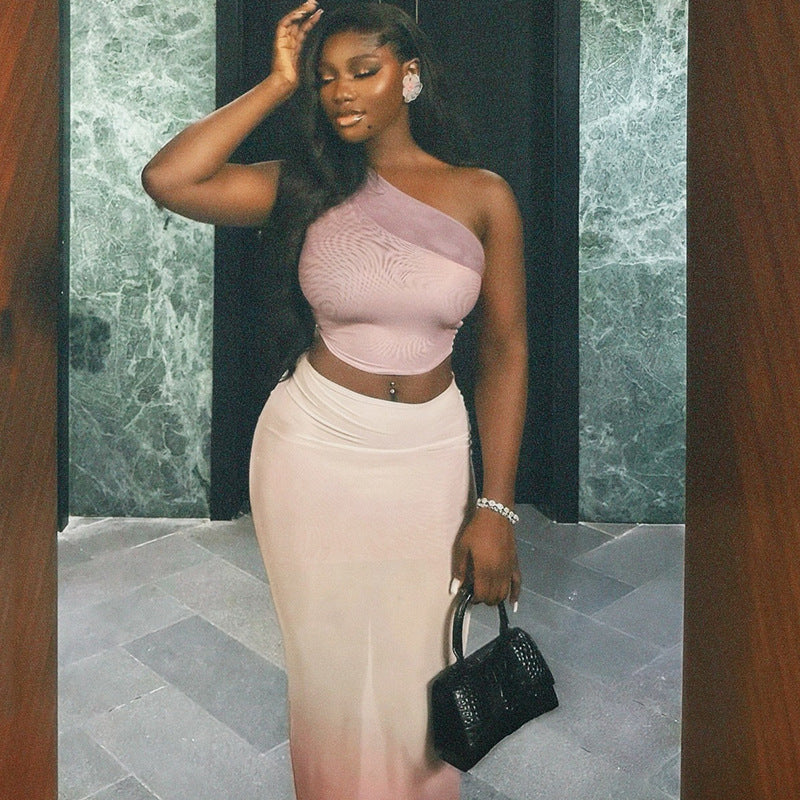 Fashionable Women's Tight Fitting Gradient Slash Shoulder Two-Piece Skirt Set 7