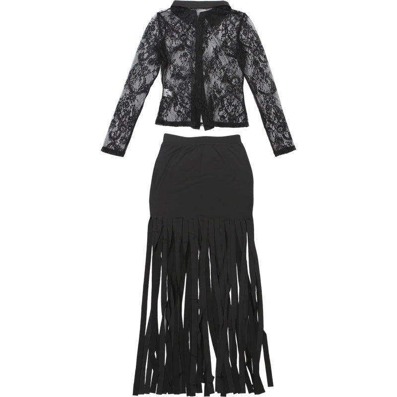 Women autumn sexy mesh see-through top and long skirt two-piece set 9