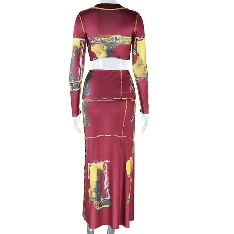 Women's Long Sleeve Crop Top Fashion Breasted Two-Piece Skirt Set 11