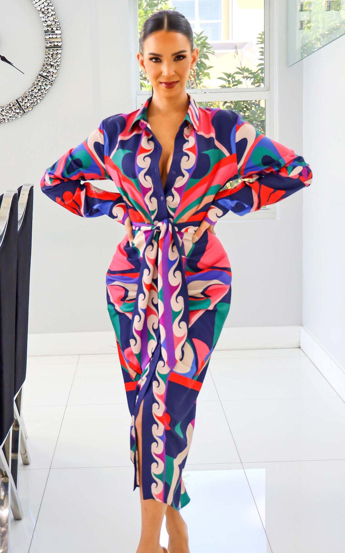 Women's Chic Career Long Sleeve Printed Slim Waist Casual Shirt Dress with Belt 4