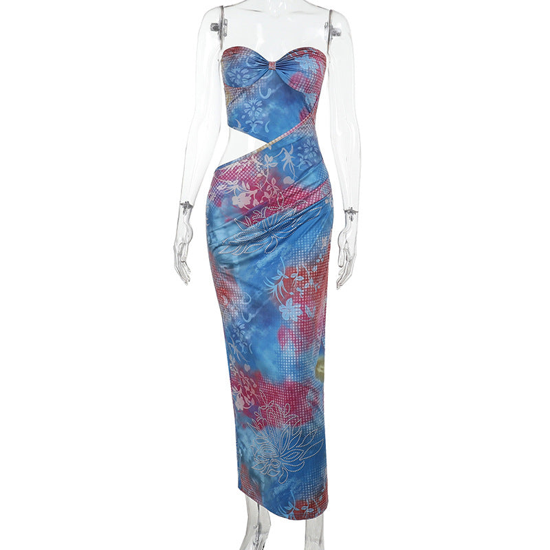 Printed Hollow Sexy Strapless Summer Slim Long Dress 5