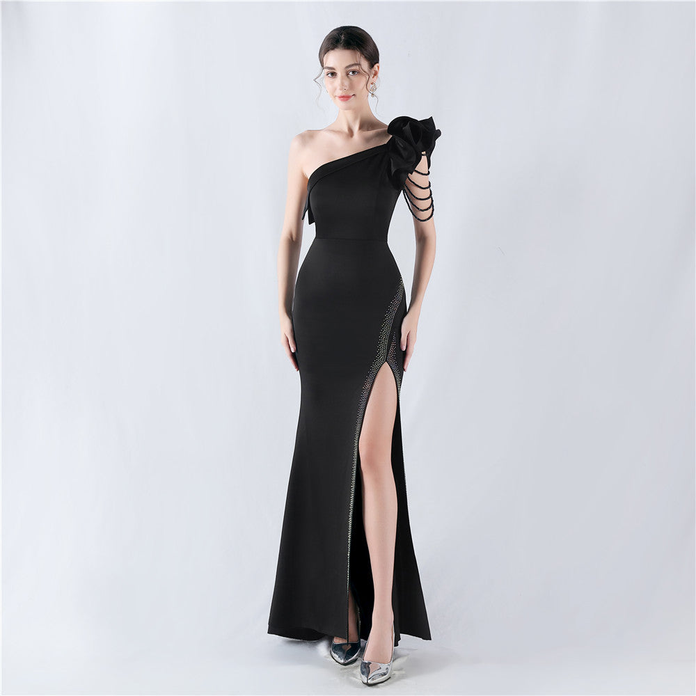 Women Lotus Leaf Shoulder Slash Shoulder Beaded Beaded Evening Dress 13