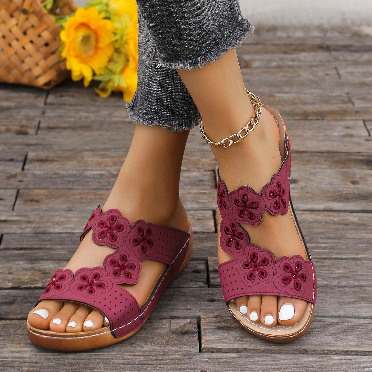 Plus Size Flower Slippers Women's Slip-On Stitched Flat Thick Sole Open Toe Hollow Sandals