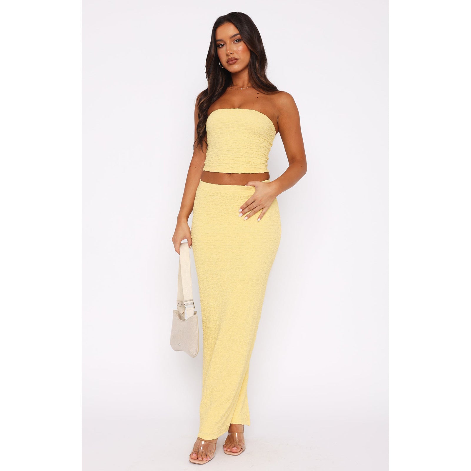 Women's Solid Strapless Top Slit Skirt Set Two Piece Set 4