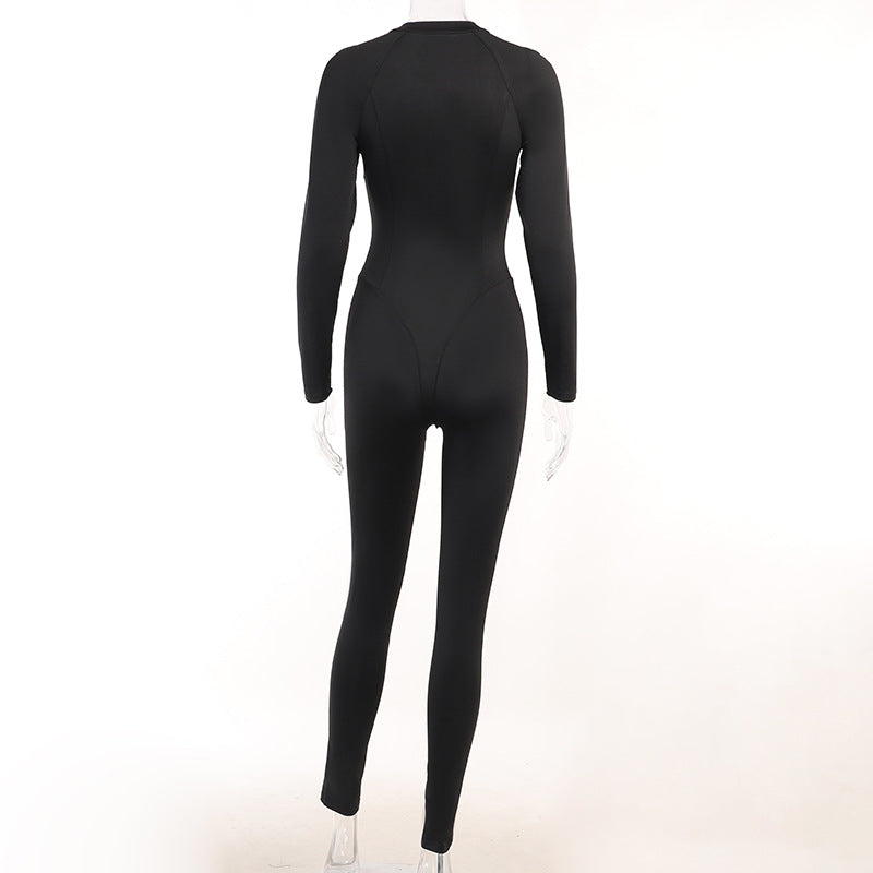 Women Sport Leather Web Long Sleeve Zipper Butt Lift Jumpsuit 8