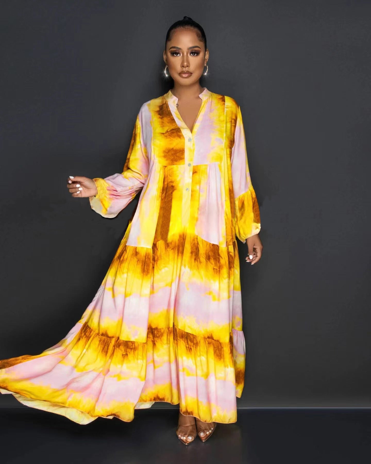 Fashion Painted And Printed V-Neck Long-Sleeved Long Swing Dress Maxi Dress 3
