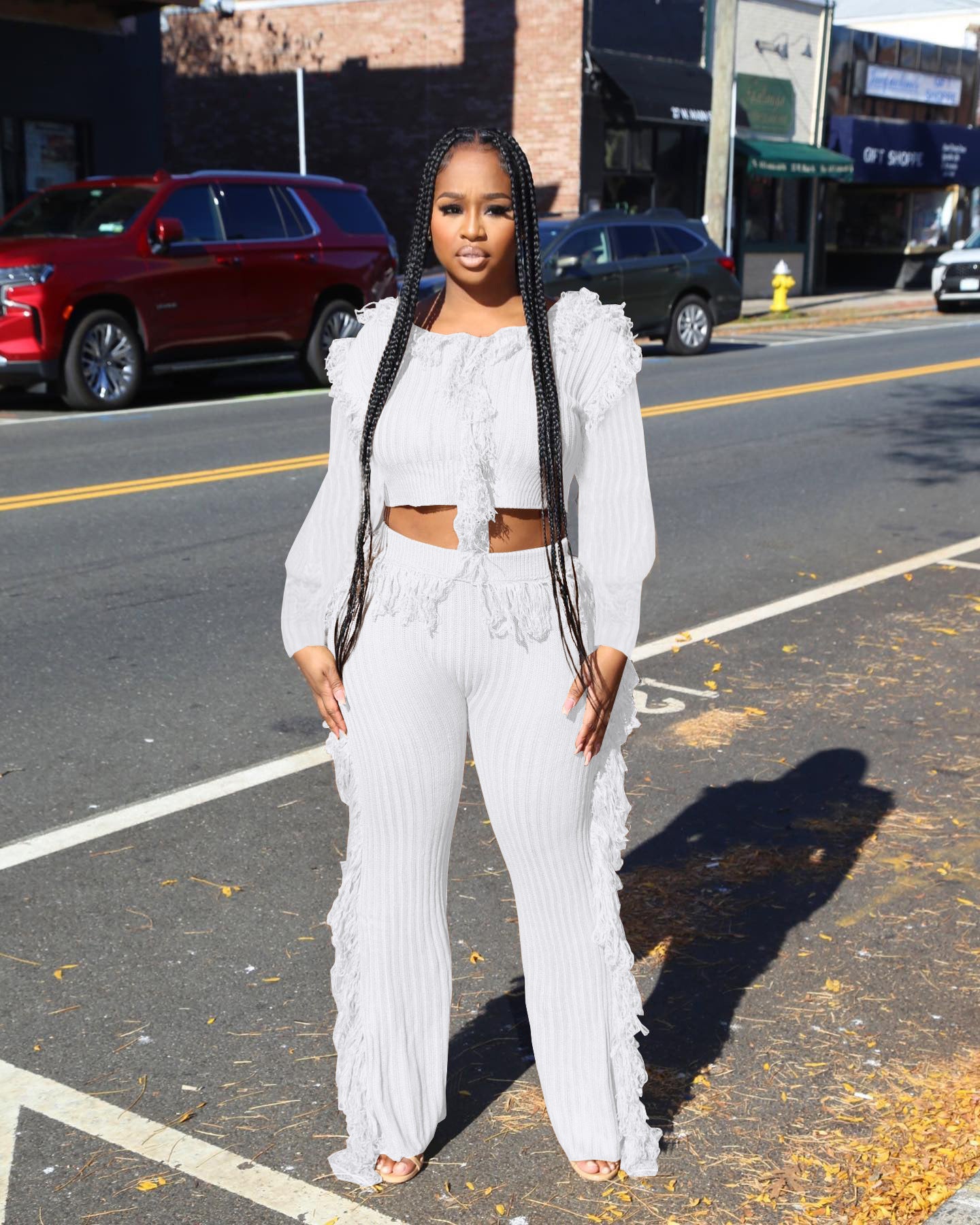 Women'S Clothing Casual Solid Color Knitting Long Sleeve Tassel Two Piec Pants Set Women'S Knitting Shirt Trousers 9