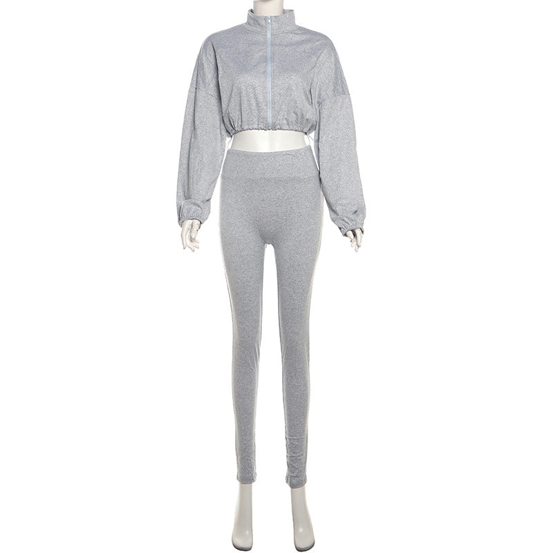 Spring And Autumn Sexy Drawstring Slim Waist Crop Top High Waist Tight Fitting Trousers Two Piece Set 32