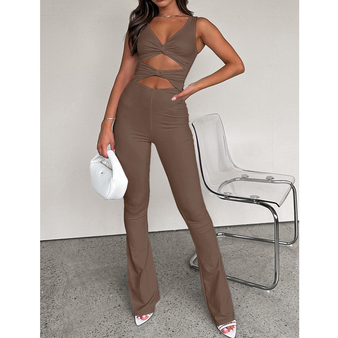 Women Solid Color Slim Cut Out Knot Bell Bottom Jumpsuit 3