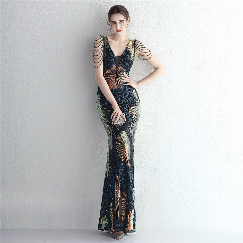 Elegant Positioning Flower Sequined Beaded Short-Sleeved Long Fishtail Evening Dress 6