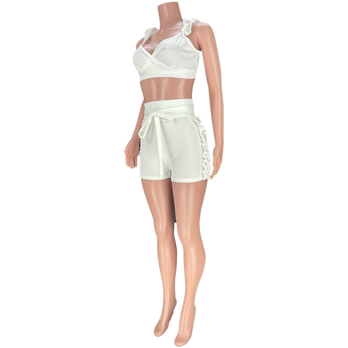 Summer Sexy Women's Ruffled V Low-Back Solid Color Vest Shorts Two Piece Set 23