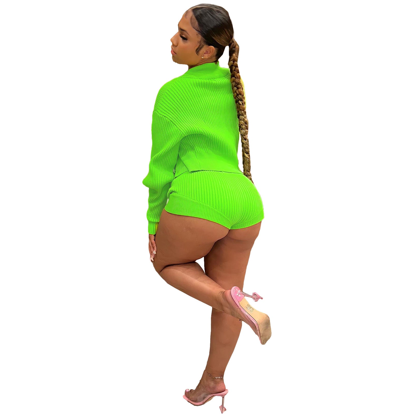 Women knitting Turndown Collar long-sleeved Top and shorts Casual two-piece set 9