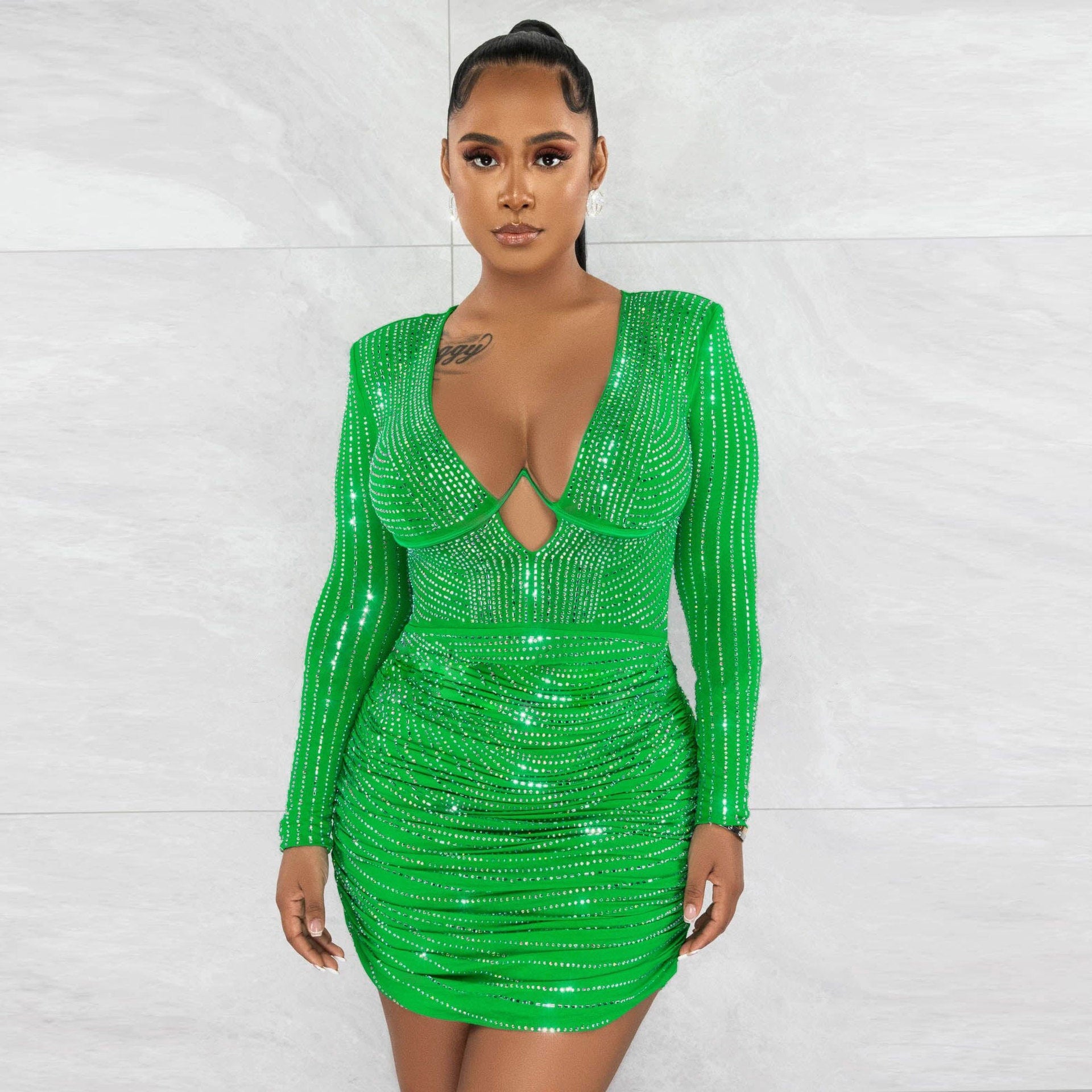 Sexy Slim Beaded Bodycon Deep V See-Through Dress