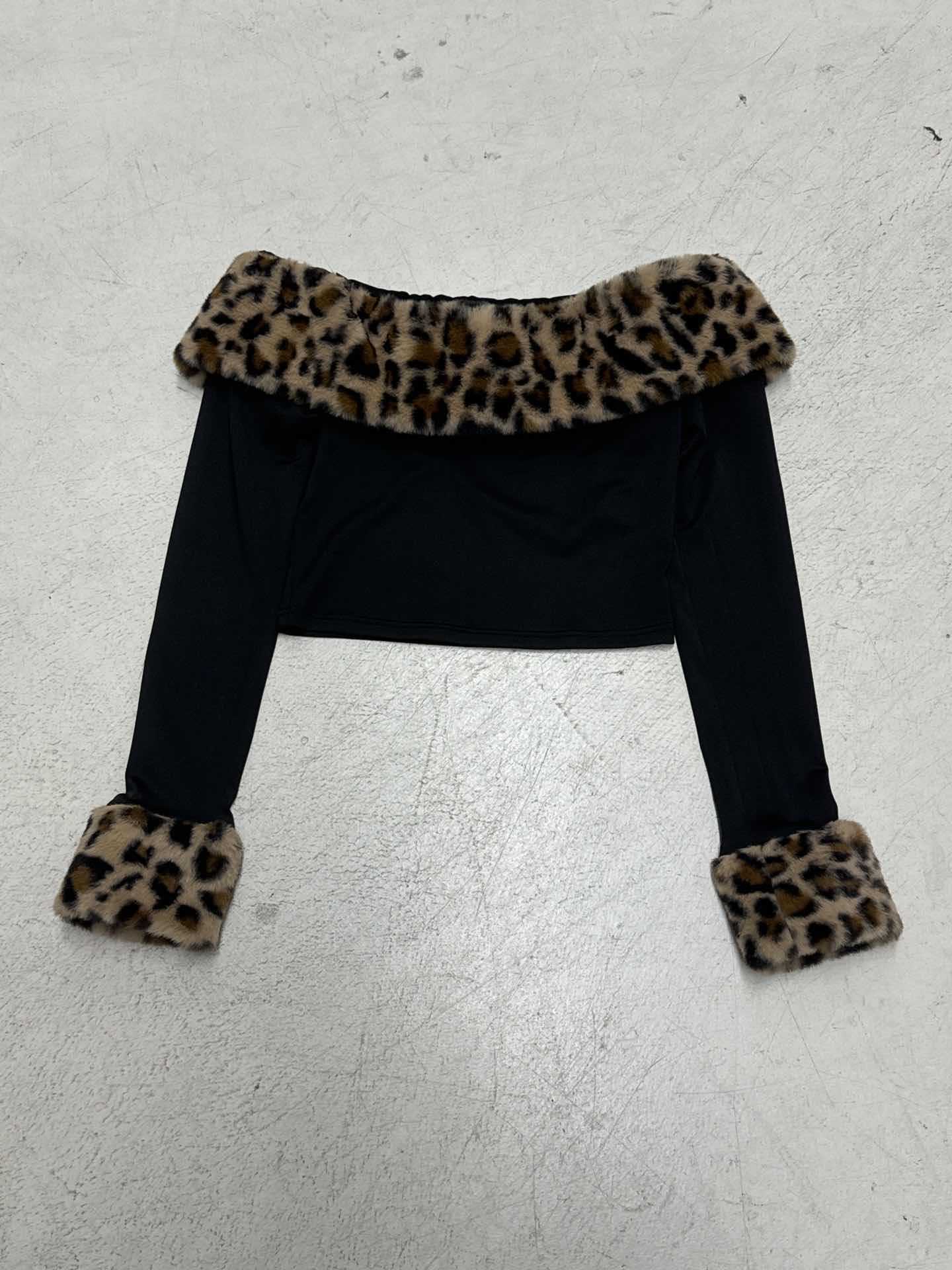 Women Fall/Winter Fuzzy Leopard Print Off-The-Shoulder Long-Sleeved Patchwork Casual Pants Two-Piece Set 16