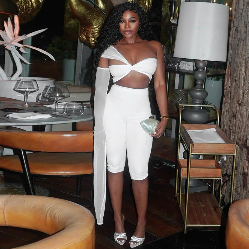 Women's Spring-Summer See-Through Mesh One-Sleeve Slim Tight Two-Piece Shorts Set 12