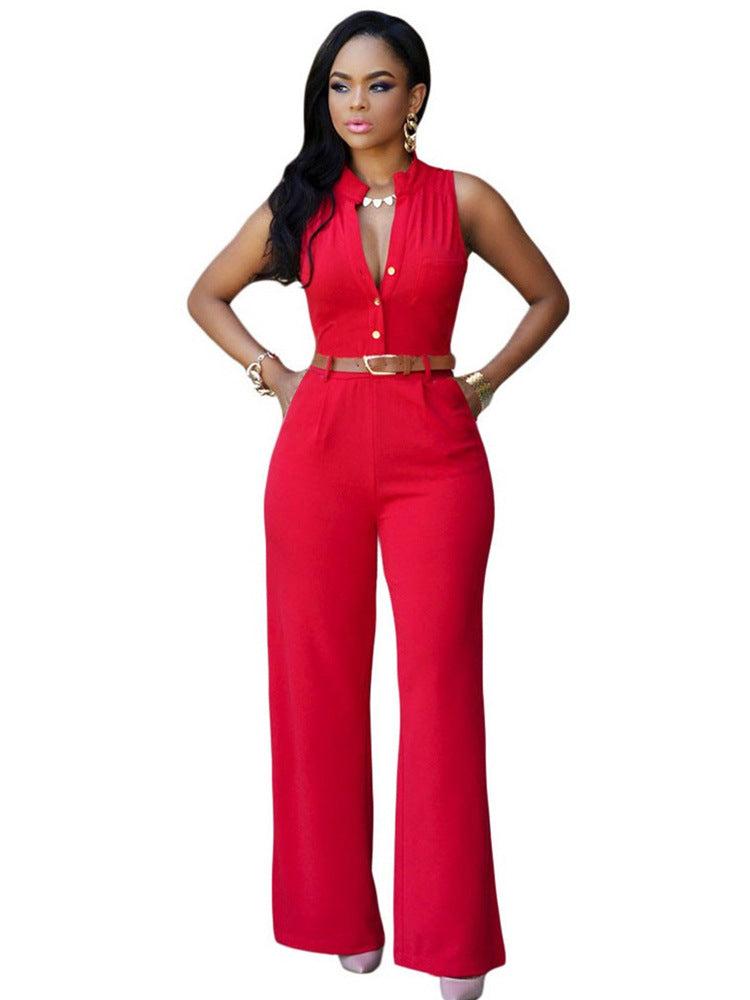 Women's Single Breasted Sleeveless High Waist Belted Wide Leg Jumpsuit 4