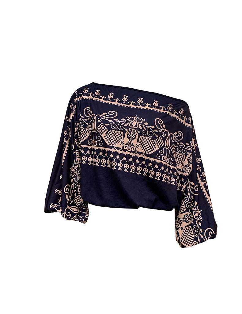 Women's Spring Summer Ladies Fashion Chic Print Loose Slash Shoulder Top 13