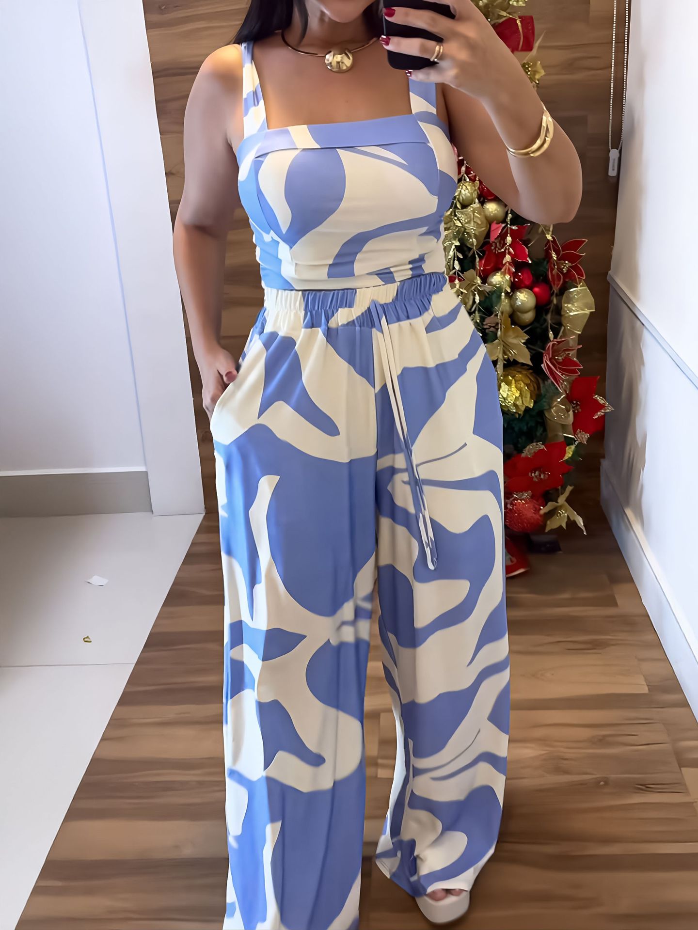 Women's Casual Print Strap Top and Pants Two-Piece Set