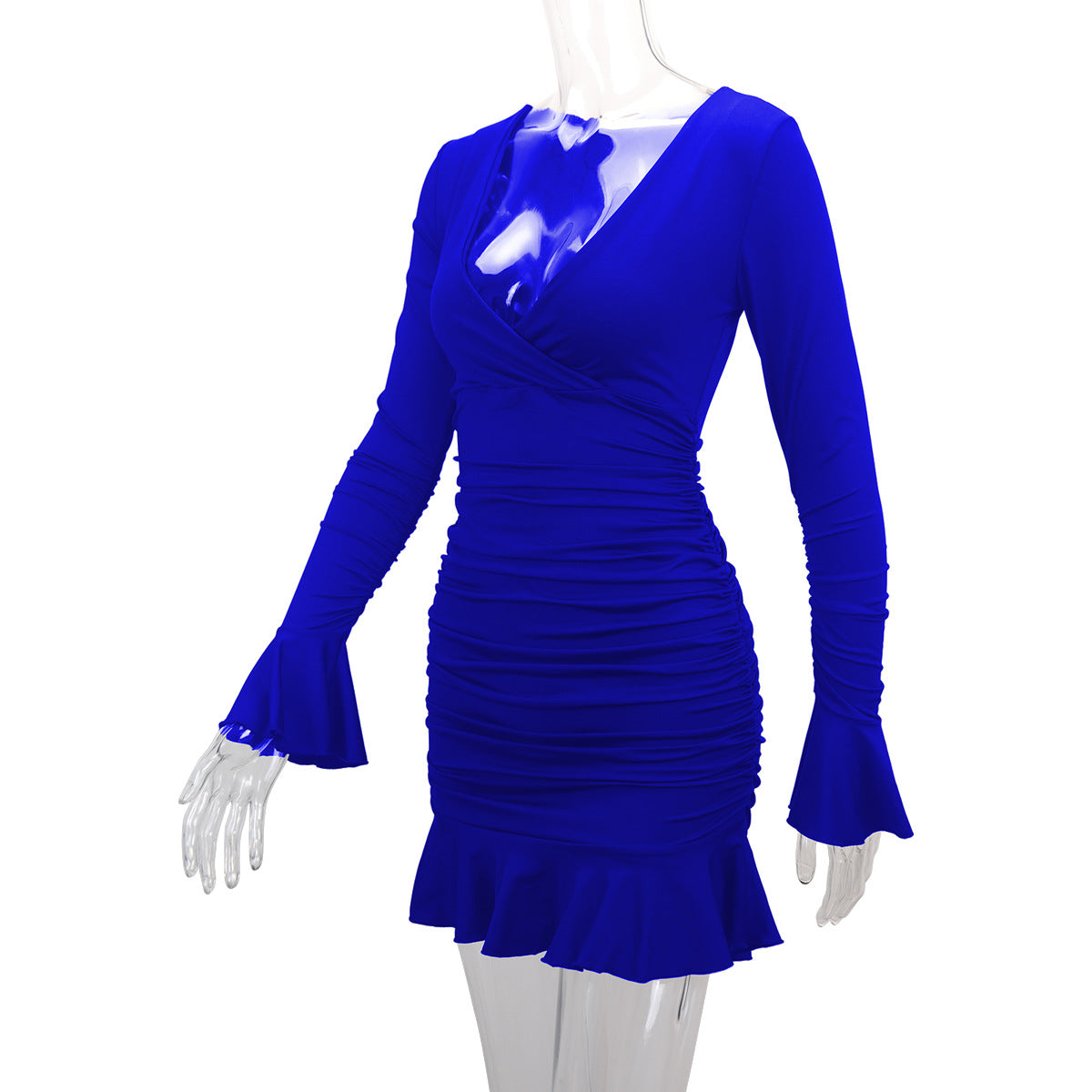 Fashion Sexy Deep V Neck Long Sleeve Ruffle Bodycon Dress 14