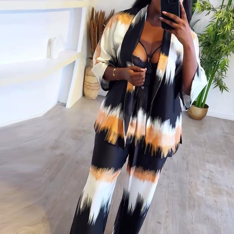 Spring And Autumn Women's Printed Long Sleeve Cardigan Trousers Two-Piece Set 5