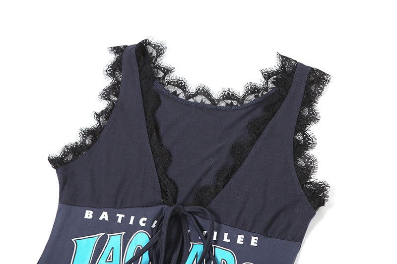 Summer women's clothing American street print v-neck lace hollow loose dress 6