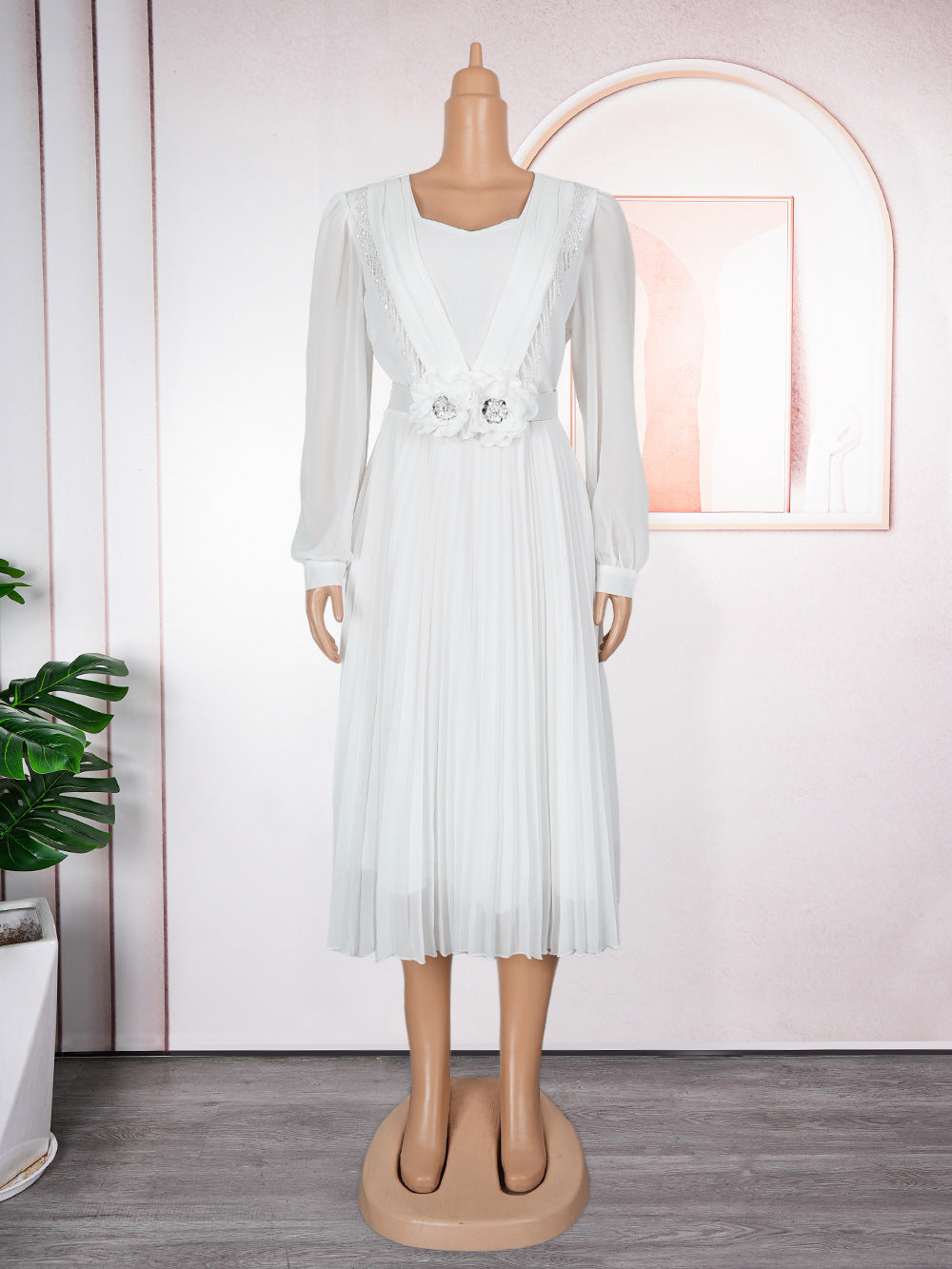 Chic Career Slim Waist Pleated A-Line Chiffon Dress 12