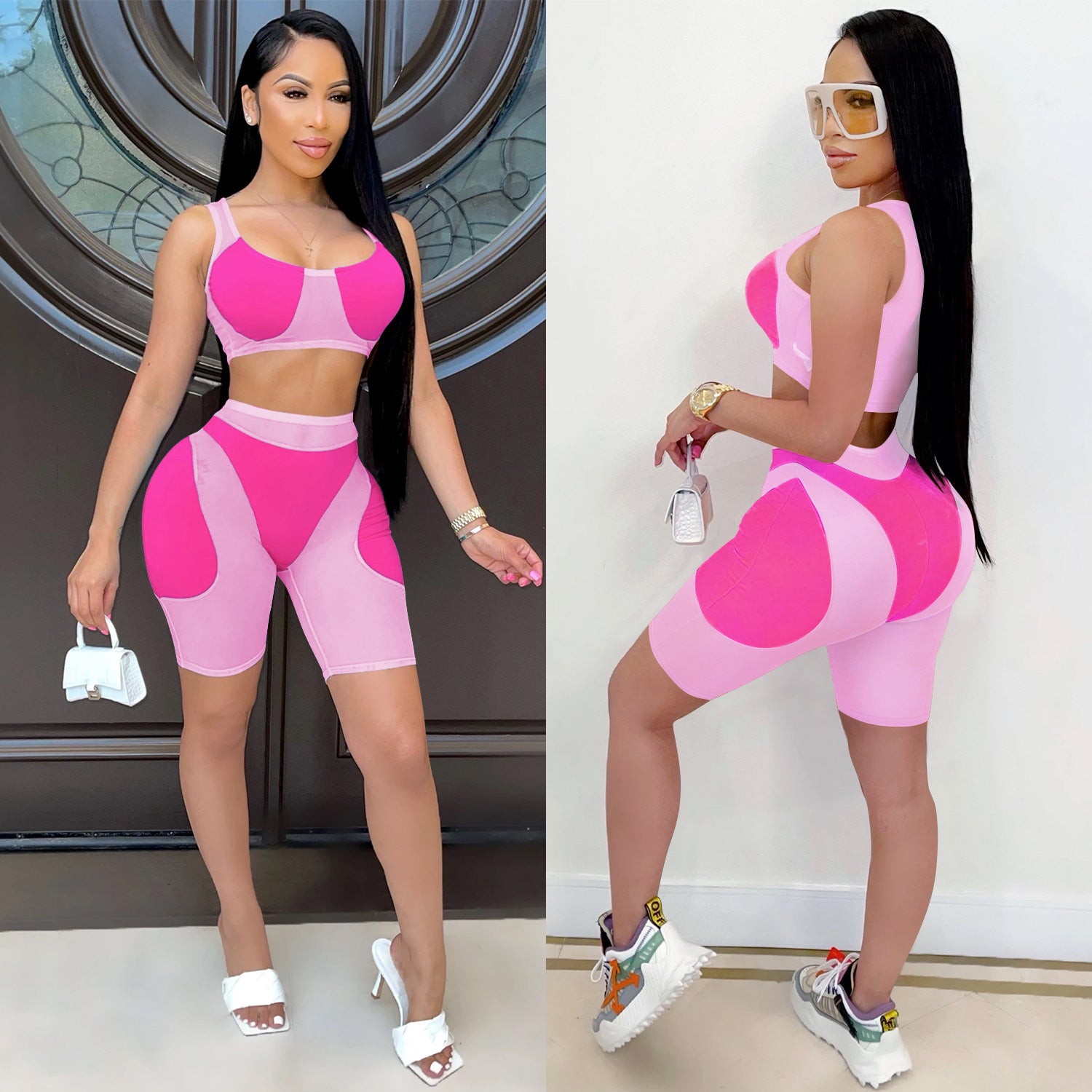 Women casual solid mesh color-blocking Top and Shorts Two Piece Set 8