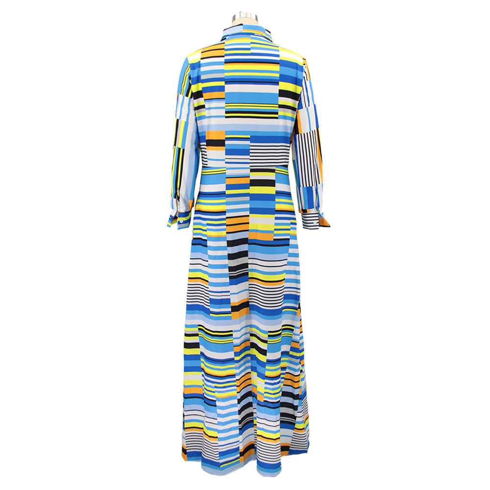 Women Irregular Print Turndown Collar Long Sleeve Maxi Dress 9