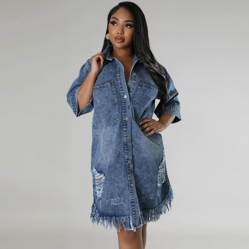 Plus-Size Women's Denim Ripped Tassel Short-Sleeve Turn-Down Collar Dress 3