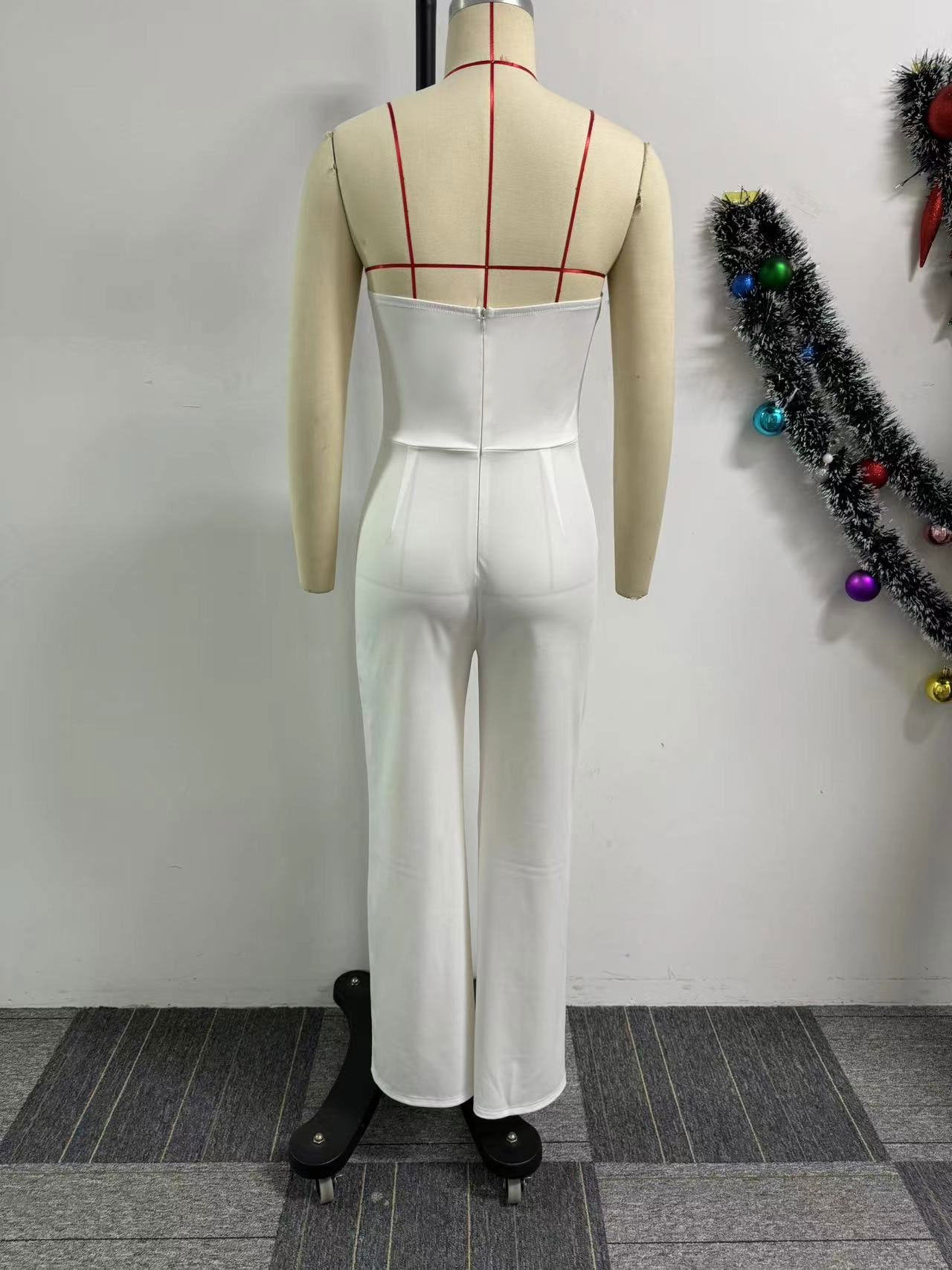 Strapless Solid Color Button Wide-Leg Jumpsuit 8