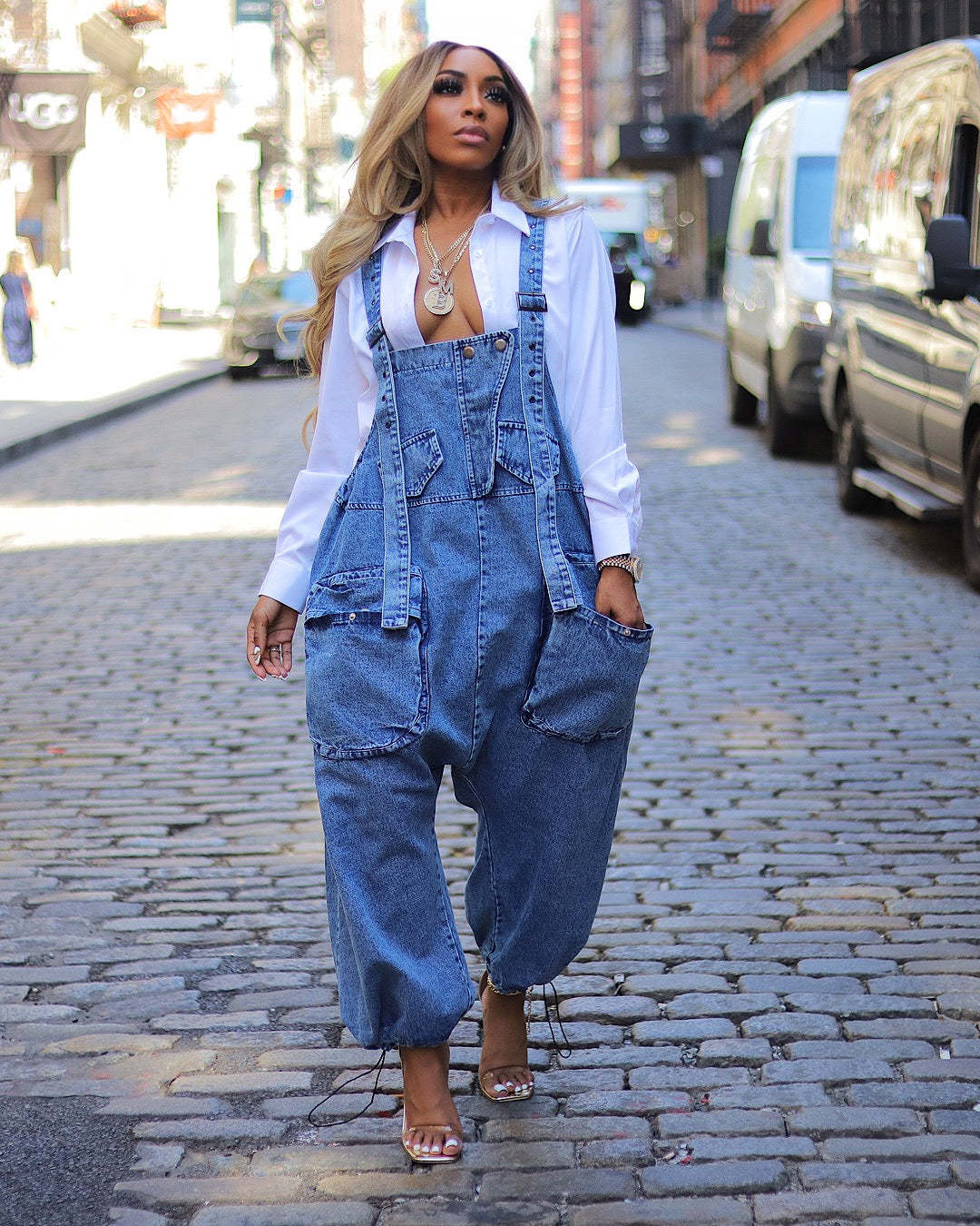Fashionable Wide-Leg Denim Loose Overalls Jumpsuit